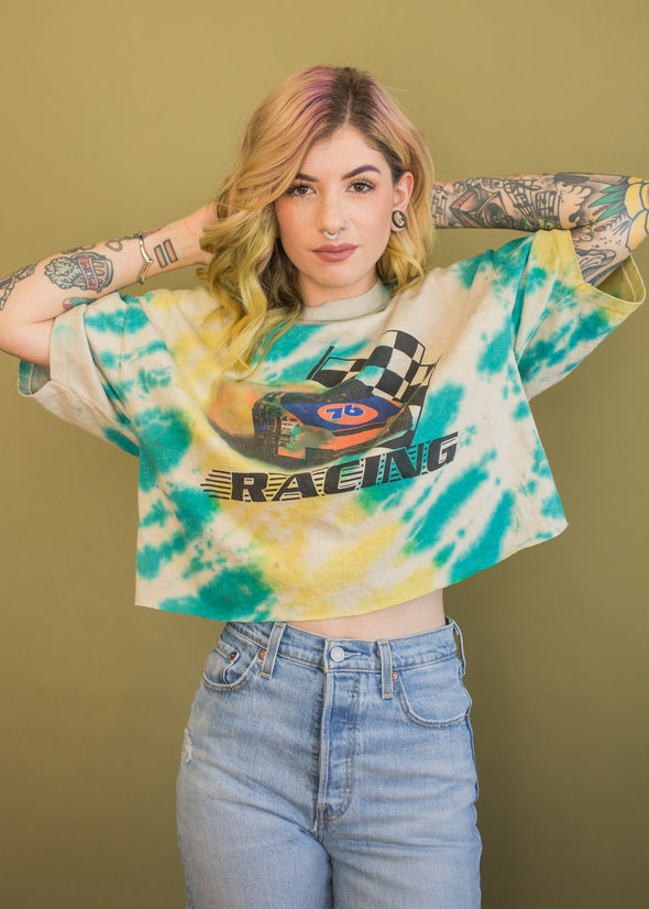 Vintage 90s Cropped Tie Dye Racing Tee