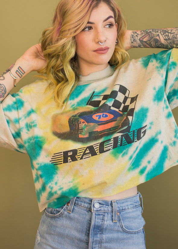 Vintage 90s Cropped Tie Dye Racing Tee