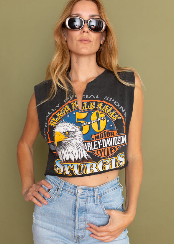 Vintage 1990 Harley Sturgis V Neck Cropped Tank