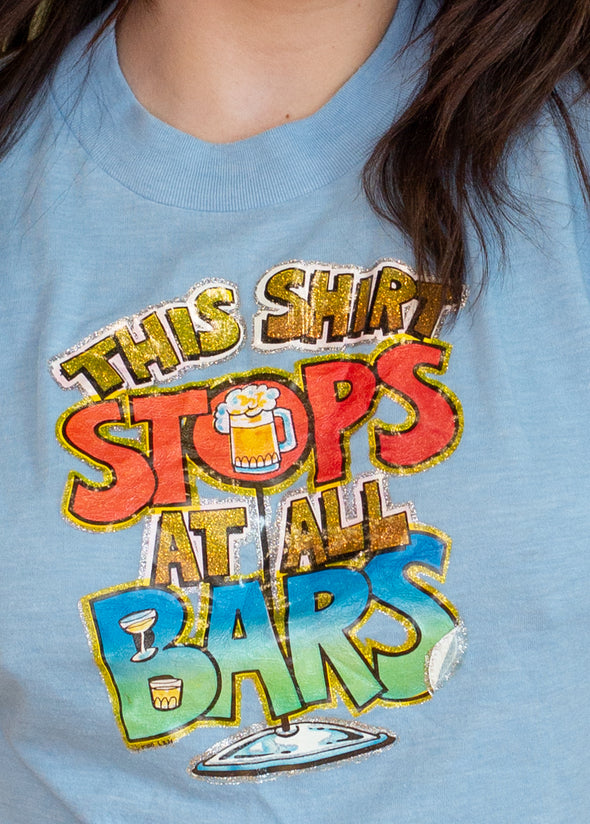 Vintage 1980 Stops at all Bars Glitter Iron On Tee