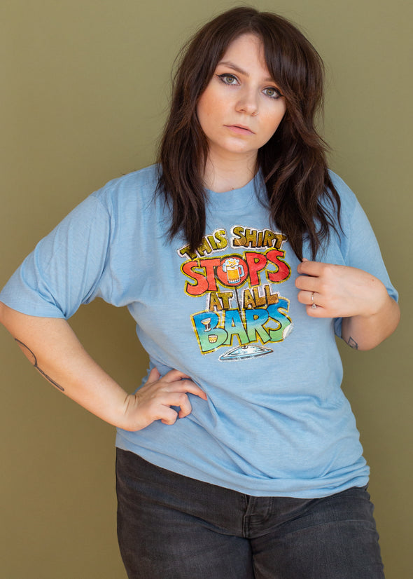Vintage 1980 Stops at all Bars Glitter Iron On Tee