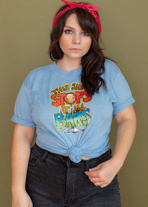 Vintage 1980 Stops at all Bars Glitter Iron On Tee