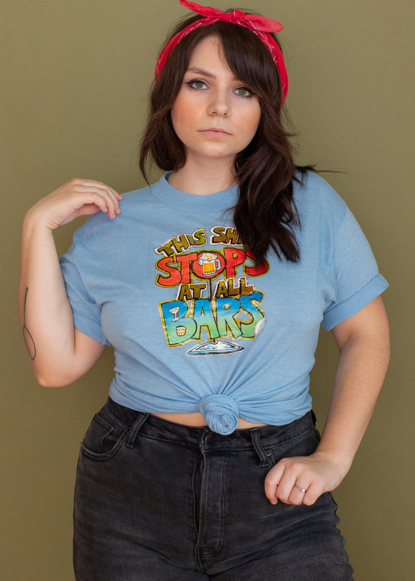 Vintage 1980 Stops at all Bars Glitter Iron On Tee