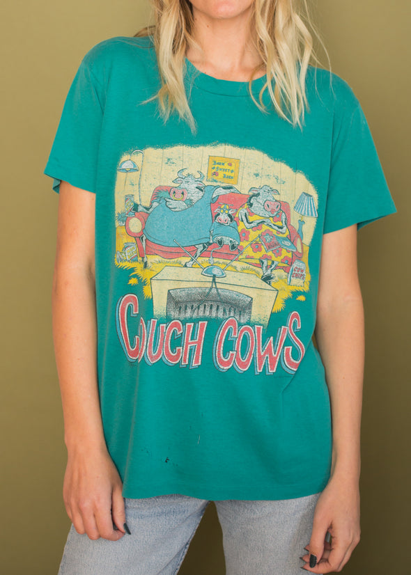 Vintage Thin 1980s Couch Cows Funny Tee