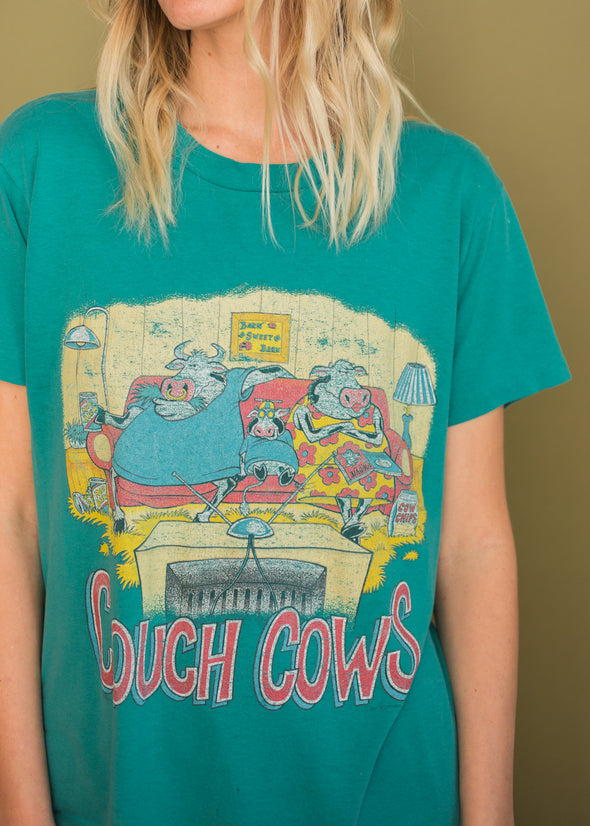 Vintage Thin 1980s Couch Cows Funny Tee