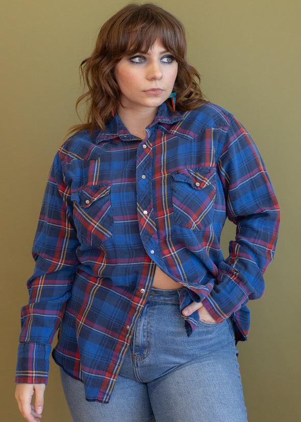 Vintage Wrangler Blue Plaid Pearl Snap Flannel