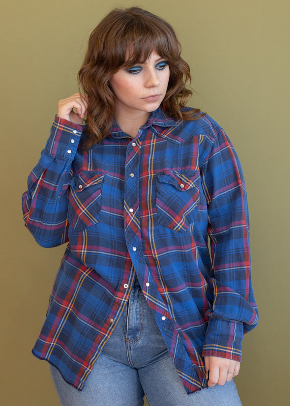 Vintage Wrangler Blue Plaid Pearl Snap Flannel