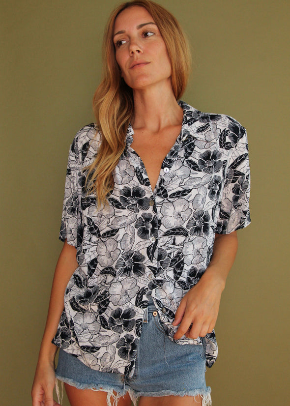 Vintage 90s Black and White Floral Blouse