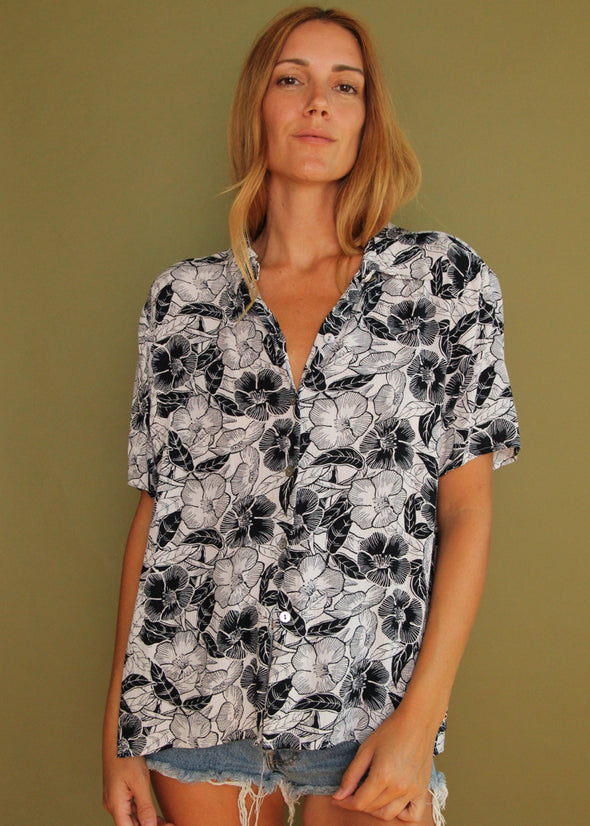 Vintage 90s Black and White Floral Blouse