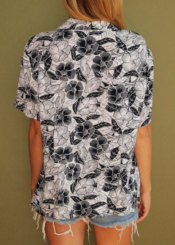Vintage 90s Black and White Floral Blouse