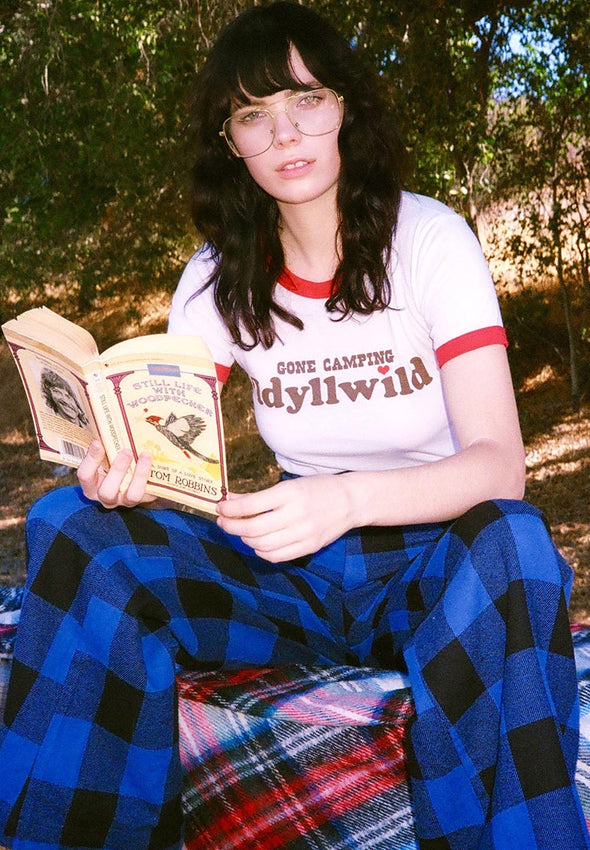 vintage 70 inspired gone camping idyllwild ringer tee electric west graphic tee