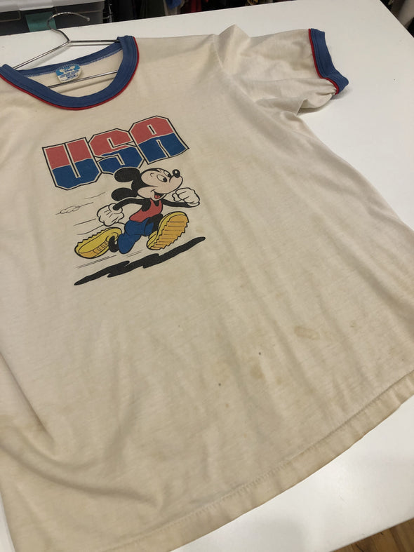 Vintage 1984 Grungy Mickey USA Track Ringer