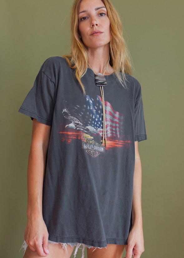 Vintage Y2K Harley Eagle and Flag Faded Tee