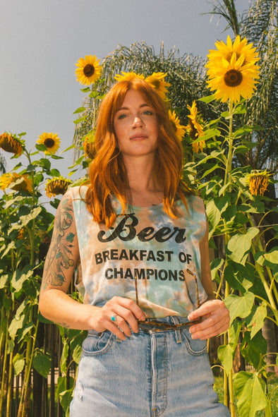 Beer Breakfast of Champions Tie Dye Tank Blue