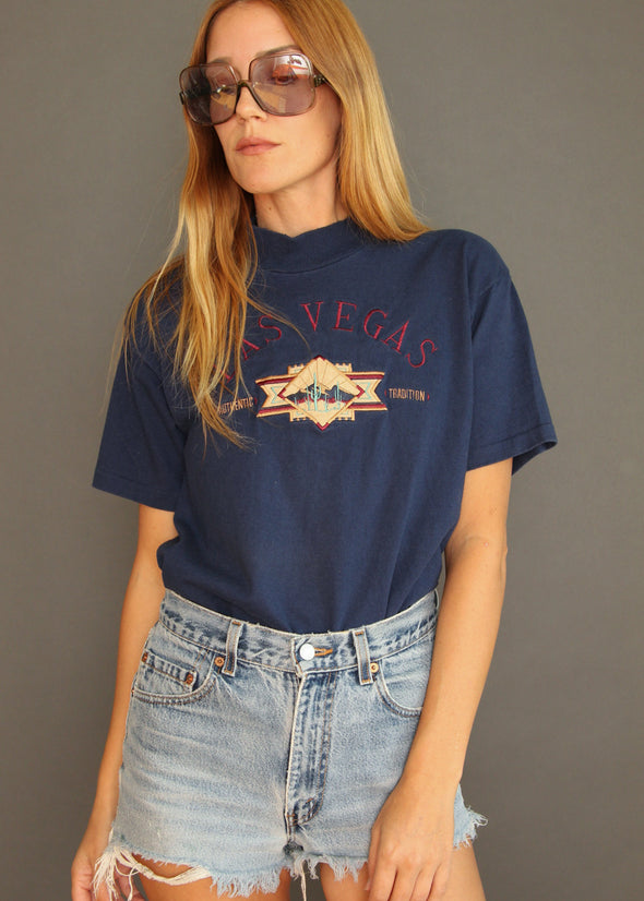 Vintage 90s Las Vegas Mock Neck Embroidered Tee