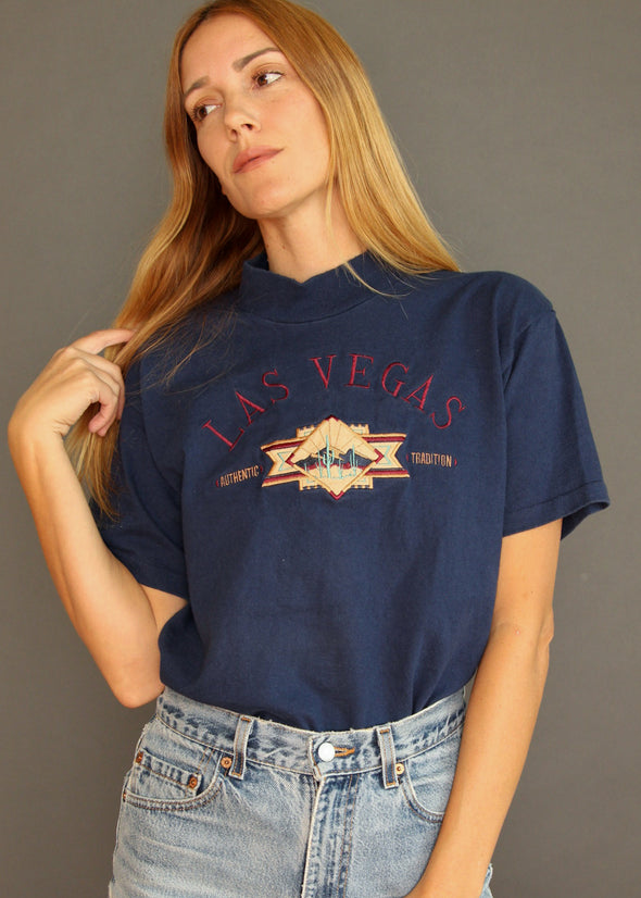 Vintage 90s Las Vegas Mock Neck Embroidered Tee