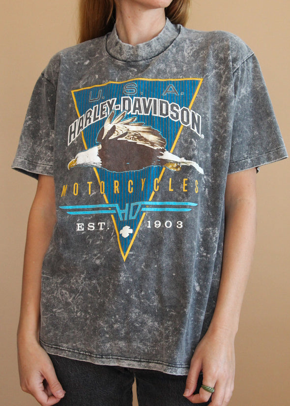 Vintage 1980s Stone Wash Harley Mock Neck Tee