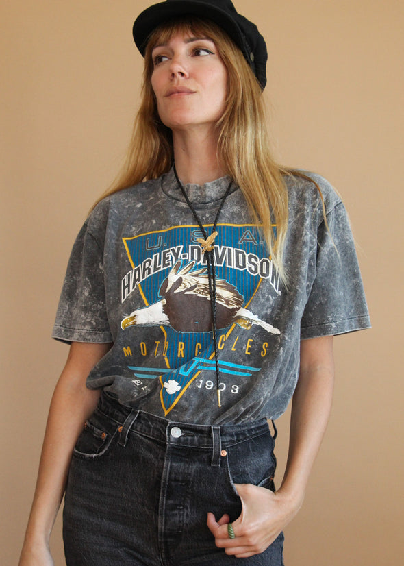 Vintage 1980s Stone Wash Harley Mock Neck Tee