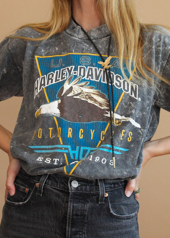 Vintage 1980s Stone Wash Harley Mock Neck Tee