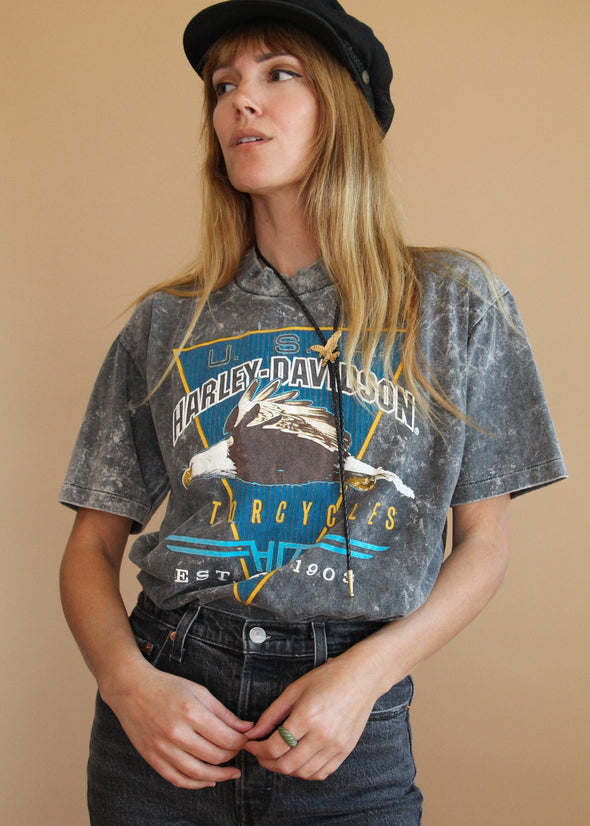 Vintage 1980s Stone Wash Harley Mock Neck Tee